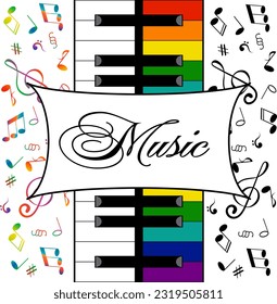 Music colored vector banner.Vector illustration with notes, keys and frame with text.