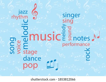music colored word collage -  blue and red vector background