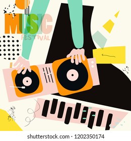Music colorful background for dj mixing flat vector illustration. Artistic music festival poster, concert, creative design with piano and dj mixer. Party flyer