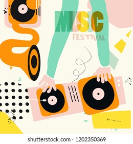 Music colorful background for dj mixing flat vector illustration. Artistic music festival poster, concert, creative design with gramophone and dj mixer. Party flyer