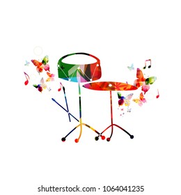 Music colorful background with drum and cymbal. Music festival poster. Drum isolated vector illustration. Music instrument vector