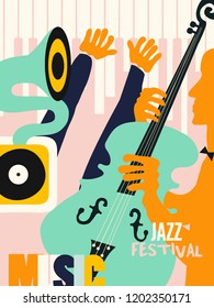 Music colorful background flat vector illustration. Artistic music festival poster, live concert, listening to music, creative design with gramophone, violoncello and piano. Party flyer