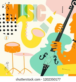 Music colorful background flat vector illustration. Artistic music festival poster, live concert, listening to music, creative design with saxophone, violoncello and cymbals. Party flyer