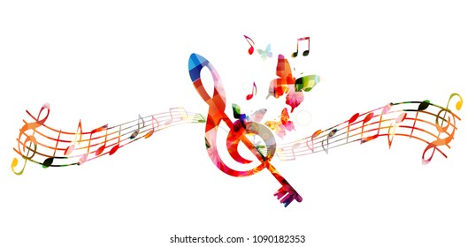 Fondo musical colorido con G-clef y notas musicales diseño de ilustración vectorial. Afiche del festival de música, notas de música creativa aisladas