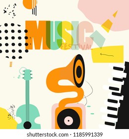 Music colorful background with music instruments flat vector illustration. Artistic music festival poster, live concert, creative design with word music and guitar, gramophone and piano keyboard