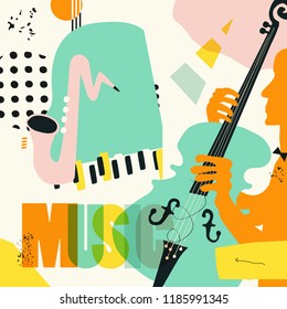 Music colorful background with music instruments flat vector illustration. Artistic music festival poster, live concert, creative design with word music and saxophone, piano and violoncello