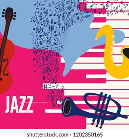 Music colorful background with music instruments flat vector illustration. Artistic music festival poster, live concert, creative design with saxophone, trumpet, violoncello, piano and music notes