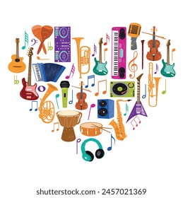 Music colorful background, musical instruments. Heart.
