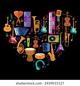 Music colorful background, musical instruments. Heart vector illustration.