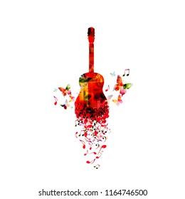 Music colorful background with music notes and guitar vector illustration design. Artistic music festival poster, live concert, creative acoustic guitar design