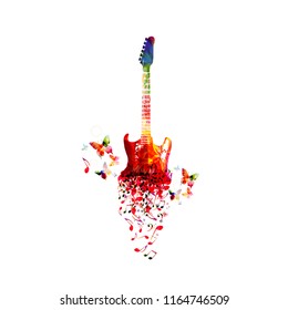 Music colorful background with music notes and guitar vector illustration design. Artistic music festival poster, live concert, creative electric guitar design