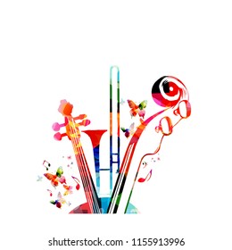 Music colorful background with music notes, trumpet and violoncelo pegbox and scroll vector illustration design. Music festival poster, live concert, creative cello neck design