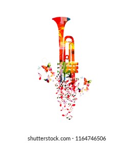 Music colorful background with music notes and trumpet vector illustration design. Artistic music festival poster, live concert, creative trumpet design