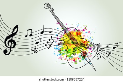 Music colorful background with music notes and violoncello vector illustration design. Music festival poster, creative cello design with music staff