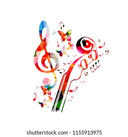 Music colorful background with music notes and violoncelo pegbox and scroll vector illustration design. Music festival poster, live concert, creative cello neck design