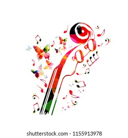 Music colorful background with music notes and violoncelo pegbox and scroll vector illustration design. Music festival poster, live concert, creative cello neck design