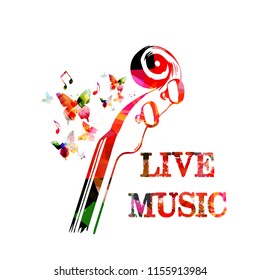 Music colorful background with music notes and violoncelo pegbox and scroll vector illustration design. Music festival poster, live concert, creative cello neck design