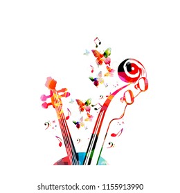 Music colorful background with music notes and violoncelo pegbox and scroll vector illustration design. Music festival poster, live concert, creative cello neck design