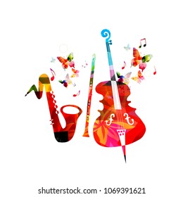 Music colorful background with saxophone, clarinet and violoncello. Music festival poster. Music instruments isolated vector illustration