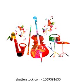 Music colorful background with saxophone, clarinet, violoncello and drum. Music festival poster. Music instruments isolated vector illustration