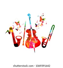 Music colorful background with saxophone, clarinet, violoncello and trumpet. Music festival poster. Music instruments isolated vector illustration