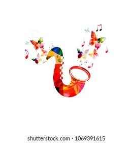 Music colorful background with saxophone. Music festival poster. Sax isolated vector illustration. Music instrument vector