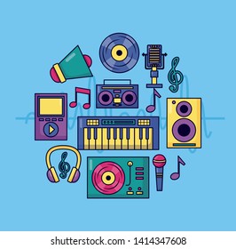 music colorful background synthesizer headphones vinyl cassette microphone speaker mp3 vector illustration