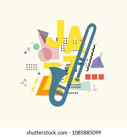 Music colorful background with trumpet vector illustration. Geometric music festival poster, creative trumpet design with word jazz. Typographic banner