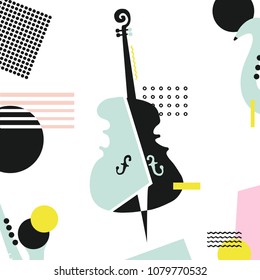 Music colorful background with violoncello isolated vector illustration. Geometric music festival poster, creative cello design