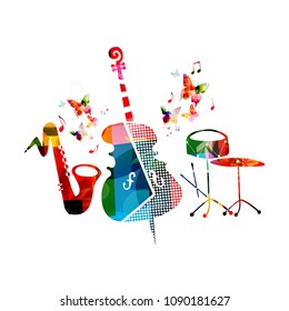 Music colorful background with violoncello, saxophone and percussion cymbals vector illustration design. Music festival poster, creative music instruments with music notes isolated