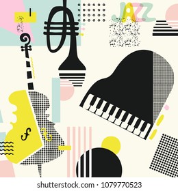 Music colorful background with violoncello, trumpet and piano isolated vector illustration. Geometric music festival poster, creative music instruments design