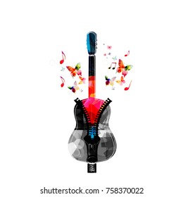 Music colorful design with guitar. Music instrument vector illustration. Guitar instrument with music notes and zipper