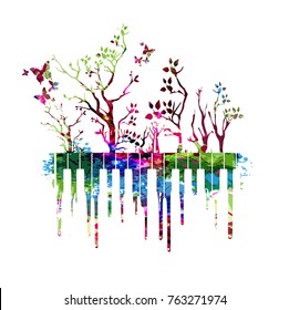 Music colorful design with piano keys. Music instrument vector illustration. Piano keyboard instrument background with trees