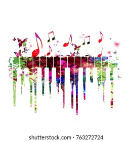 Music colorful design with piano keys.  Piano keyboard instrument background with music notes