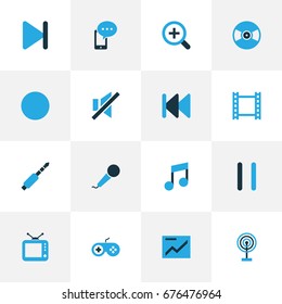 Music Colorful Icons Set. Collection Of Cast, Turntable, Finish And Other Elements. Also Includes Symbols Such As Finish, Audio, Rewind.