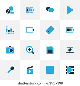 Music Colorful Icons Set. Collection Of Controller, Full Battery, Composer And Other Elements. Also Includes Symbols Such As Card, Button, Artist.