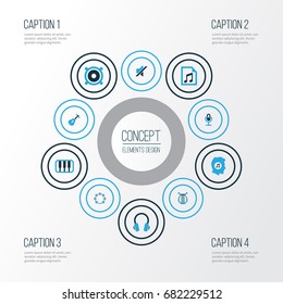 Music Colorful Icons Set. Collection Of Tambourine, Mute, Harp And Other Elements. Also Includes Symbols Such As Music, Megaphone, Harp.