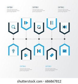 Music Colorful Icons Set. Collection Of Cast, Slow Forward, Chart And Other Elements. Also Includes Symbols Such As Rewind, Slow, Mouse.
