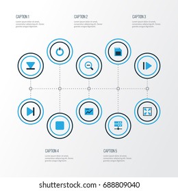 Music Colorful Icons Set. Collection Of Power, Memory, Slow Forward And Other Elements. Also Includes Symbols Such As Card, Out, Magnifying.