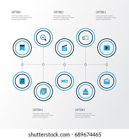 Music Colorful Icons Set. Collection Of Flag, Presentation, Play And Other Elements. Also Includes Symbols Such As Movie, Telephone, Button.