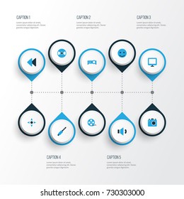 Music Colorful Icons Set. Collection Of Backward, Audio, Filmstrip And Other Elements. Also Includes Symbols Such As Emoji, Happy, Audio.