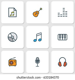 Music Colorful Outline Icons Set. Collection Of Set, Strings, Keys And Other Elements. Also Includes Symbols Such As Headphone, Radio, List.