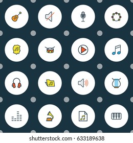Music Colorful Outline Icons Set. Collection Of List, Template, Play And Other Elements. Also Includes Symbols Such As Amplifier, Music, Barrel.