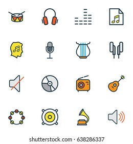 Music Colorful Outline Icons Set. Collection Of Strings, Tambourine, Mixer And Other Elements. Also Includes Symbols Such As Sound, Set, Tambourine.