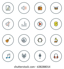 Music Colorful Outline Icons Set. Collection Of Mixer, Sound, Tambourine And Other Elements. Also Includes Symbols Such As Volume, On, Circle.