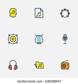 Music Colorful Outline Icons Set. Collection Of Earphones, Amplifier, Harp And Other Elements. Also Includes Symbols Such As Package, Timbrel, List.