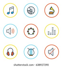 Music Colorful Outline Icons Set. Collection Of Mute, Tambourine, Mixer And Other Elements. Also Includes Symbols Such As Headphone, Music, Timbrel.