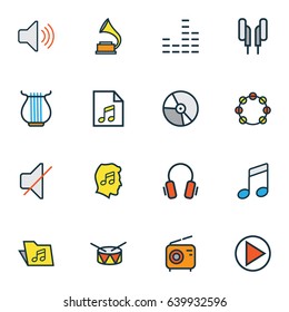 Music Colorful Outline Icons Set. Collection Of Tambourine, Mute, Mixer And Other Elements. Also Includes Symbols Such As Equalizer, Template, Vinyl.