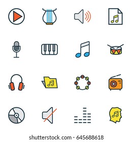 Music Colorful Outline Icons Set. Collection Of Set, Volume, List And Other Elements. Also Includes Symbols Such As Timbrel, Level, Cover.