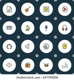 Music Colorful Outline Icons Set. Collection Of Strings, Lover, Earphones And Other Elements. Also Includes Symbols Such As Strings, Loudspeakers, Bit.